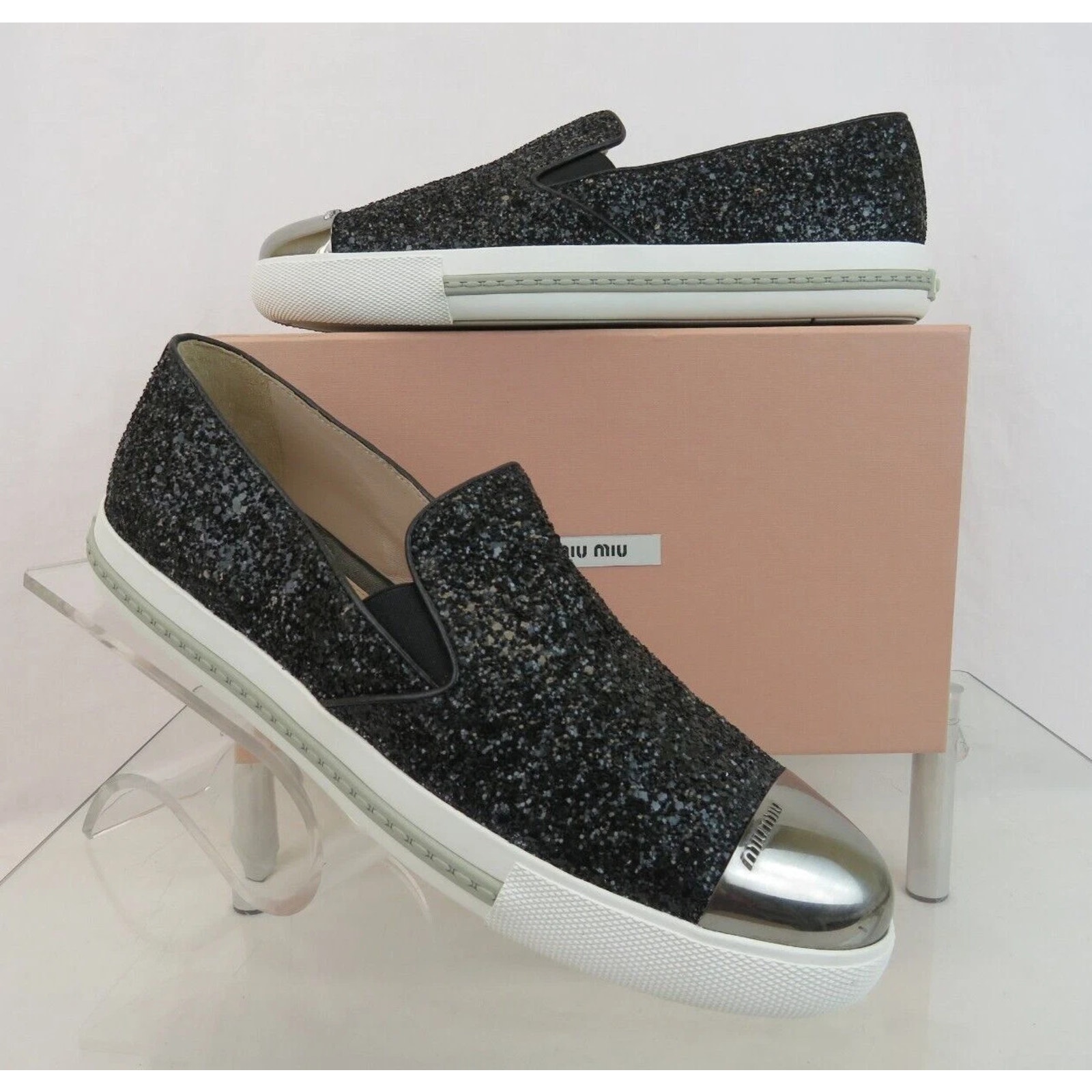 Nib Miu Miu Prada 5s9562 Black Glitter Metal Cap Toe Logo Loafers Sneakers 41